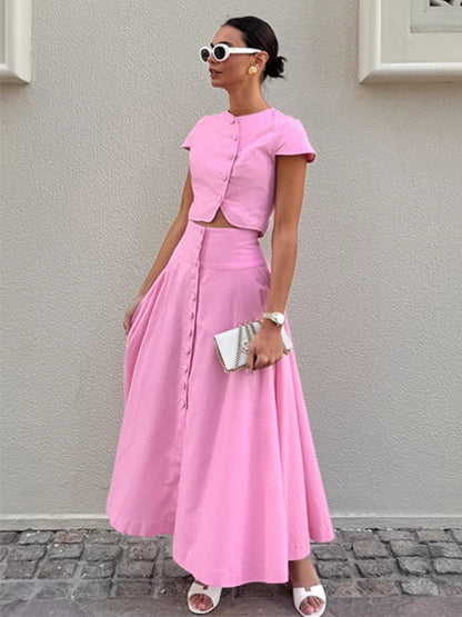 Pink Crop Top And High-Waist Long Skirt Two Piece Co-ord Set For Summer 2026