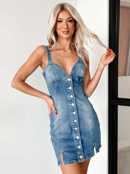 Denim Mini Dress With Deep V-Neck And Front Buttons 2026