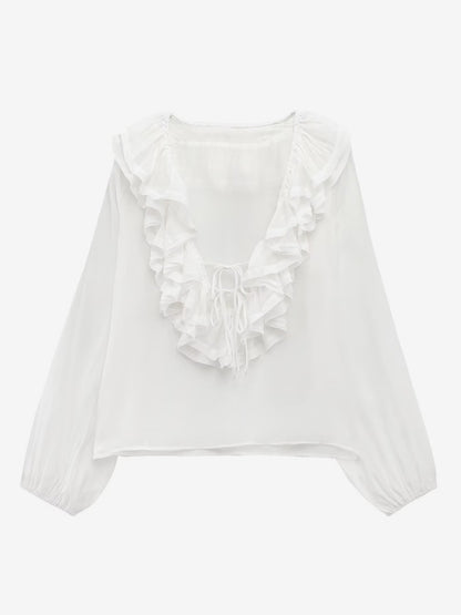 Ruffled Long Sleeve V-neck Blouse For Spring 2026