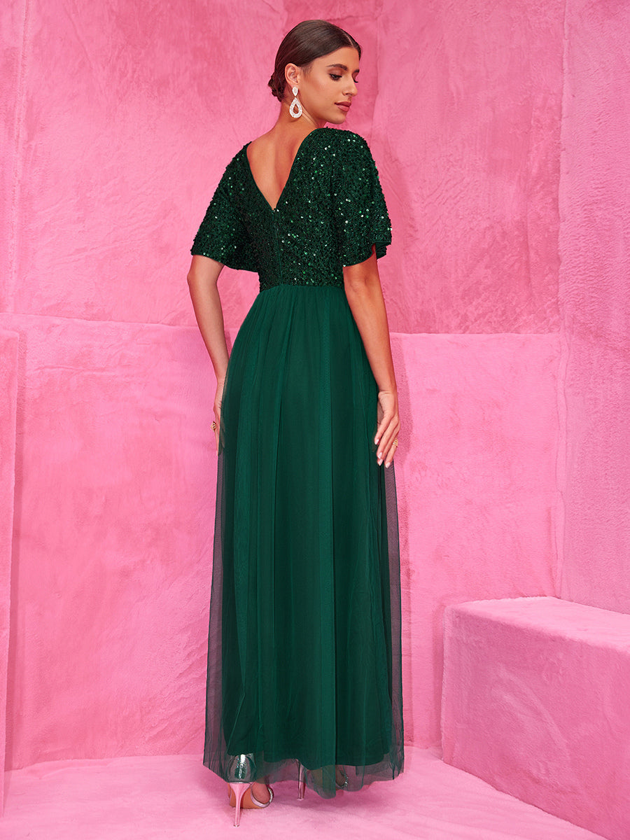 Sequined Dark Green Maxi Party Dress With High Slit For Evening Events 2026