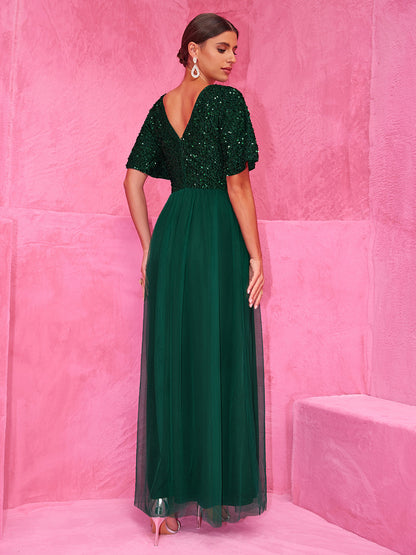 Sequined Dark Green Maxi Party Dress With High Slit For Evening Events 2026
