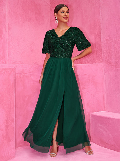 Sequined Dark Green Maxi Party Dress With High Slit For Evening Events 2026
