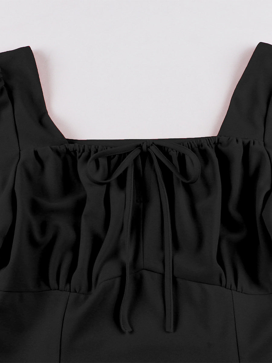 Vintage Square-Neck Midi Dress In Black For Summer 2026