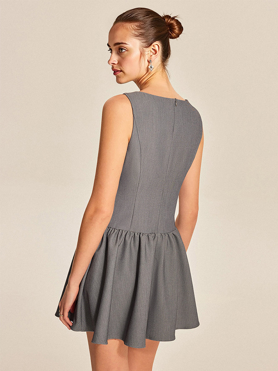 Sleeveless Pleated Mini Dress With Button-Front In Grey For Summer 2026