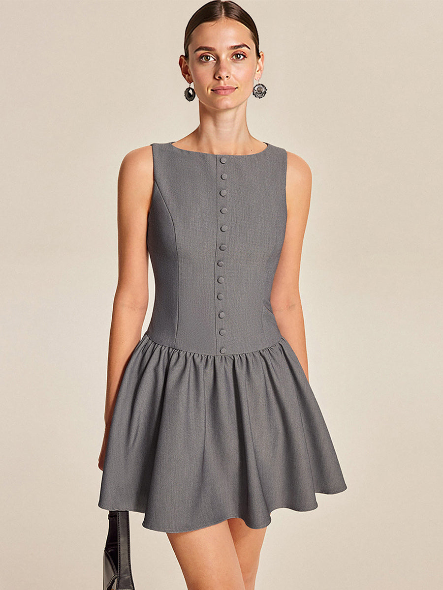 Sleeveless Pleated Mini Dress With Button-Front In Grey For Summer 2026