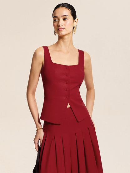Square Neck Vest Top And Long Slit Skirt Two Piece Set In Red For Summer 2026