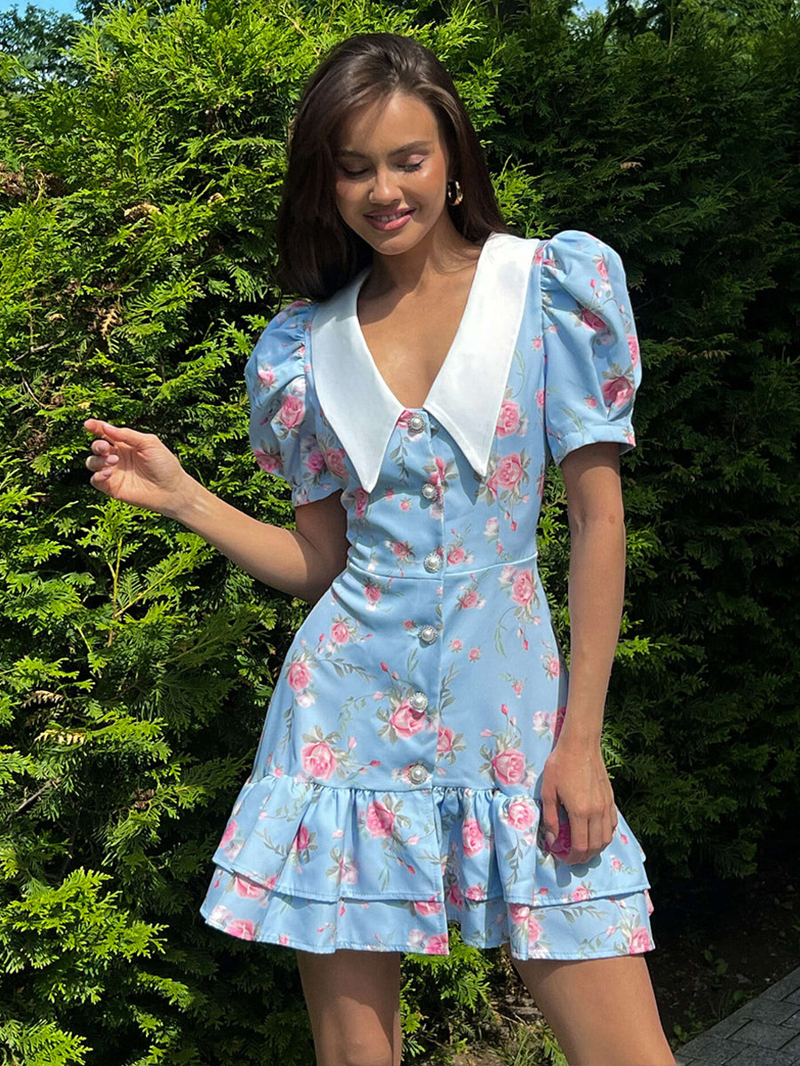 Floral Print Puff Sleeves Mini Dress With Peter Pan Collar And Back Lace-up For Summer 2026