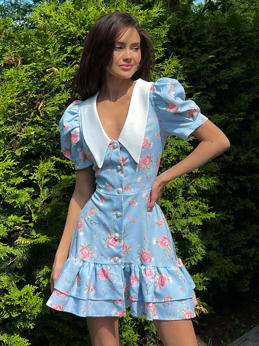 Floral Print Puff Sleeves Mini Dress With Peter Pan Collar And Back Lace-up For Summer 2026