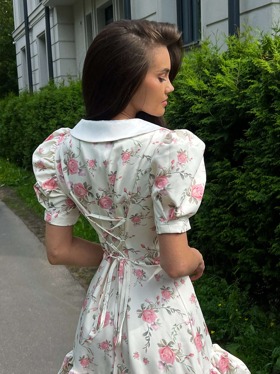 Floral Print Puff Sleeves Mini Dress With Peter Pan Collar And Back Lace-up For Summer 2026