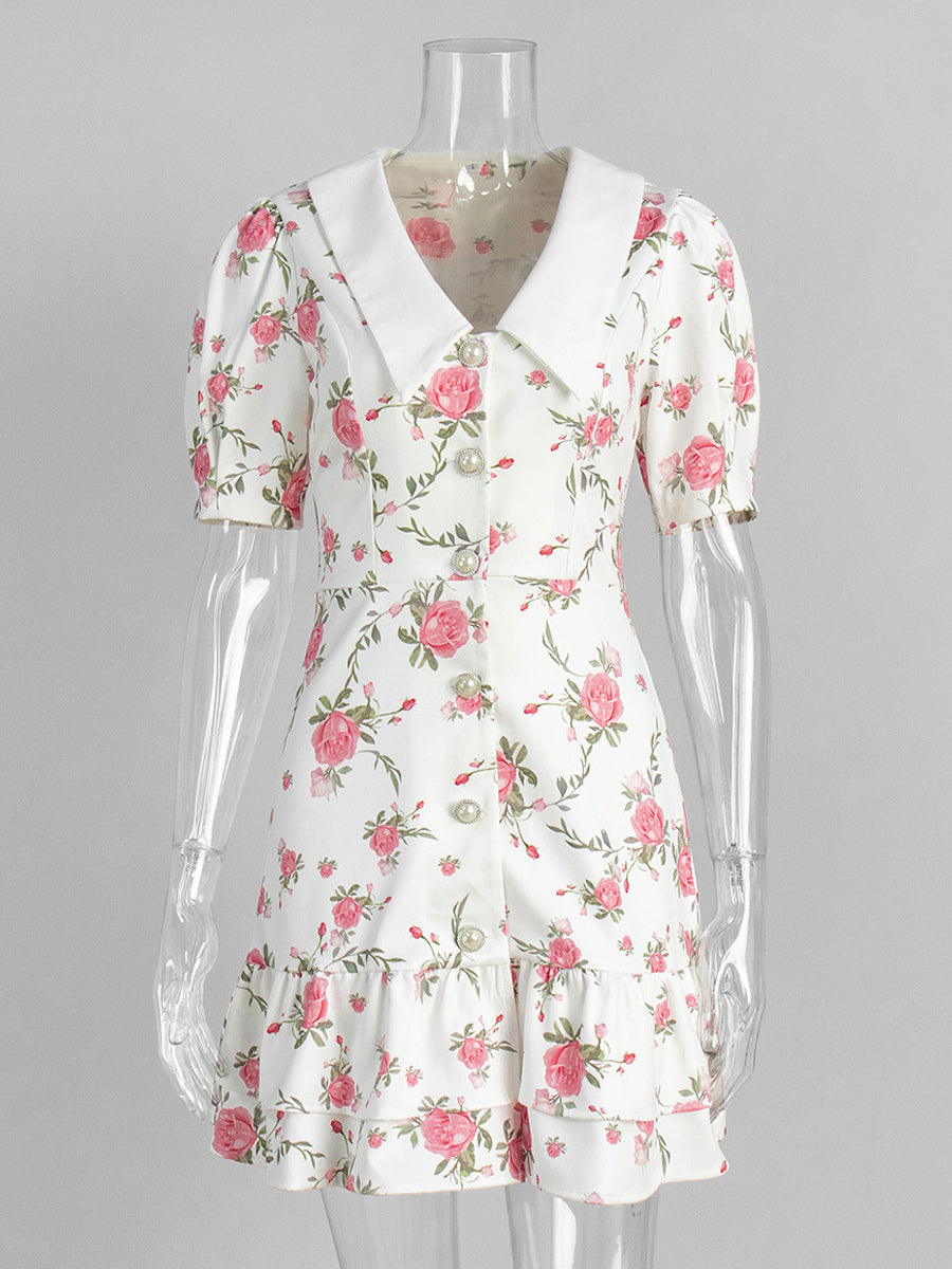 Floral Print Puff Sleeves Mini Dress With Peter Pan Collar And Back Lace-up For Summer 2026