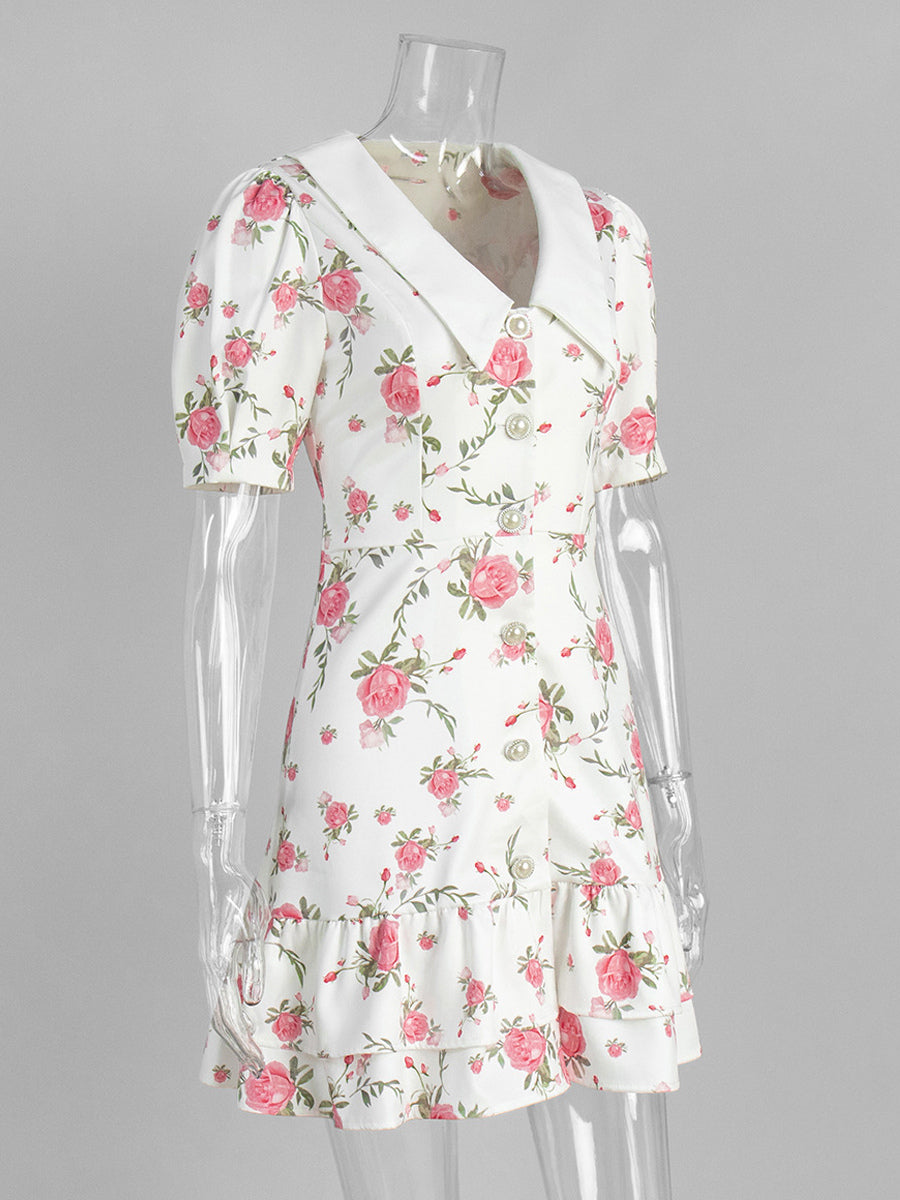 Floral Print Puff Sleeves Mini Dress With Peter Pan Collar And Back Lace-up For Summer 2026