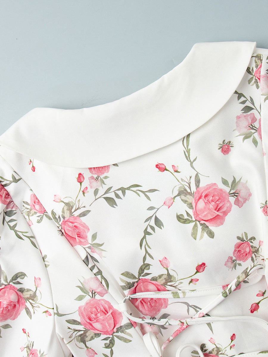 Floral Print Puff Sleeves Mini Dress With Peter Pan Collar And Back Lace-up For Summer 2026