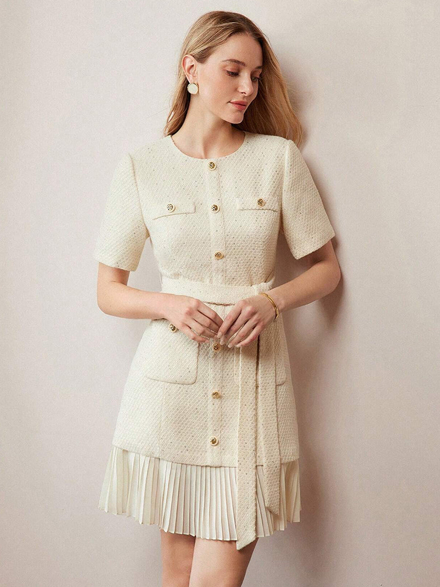 Apricot Tweed Dress With Short Sleeves And Gold Buttons For Summer 2026