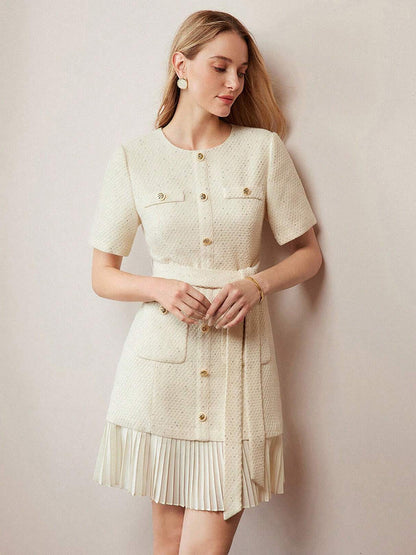 Apricot Tweed Dress With Short Sleeves And Gold Buttons For Summer 2026