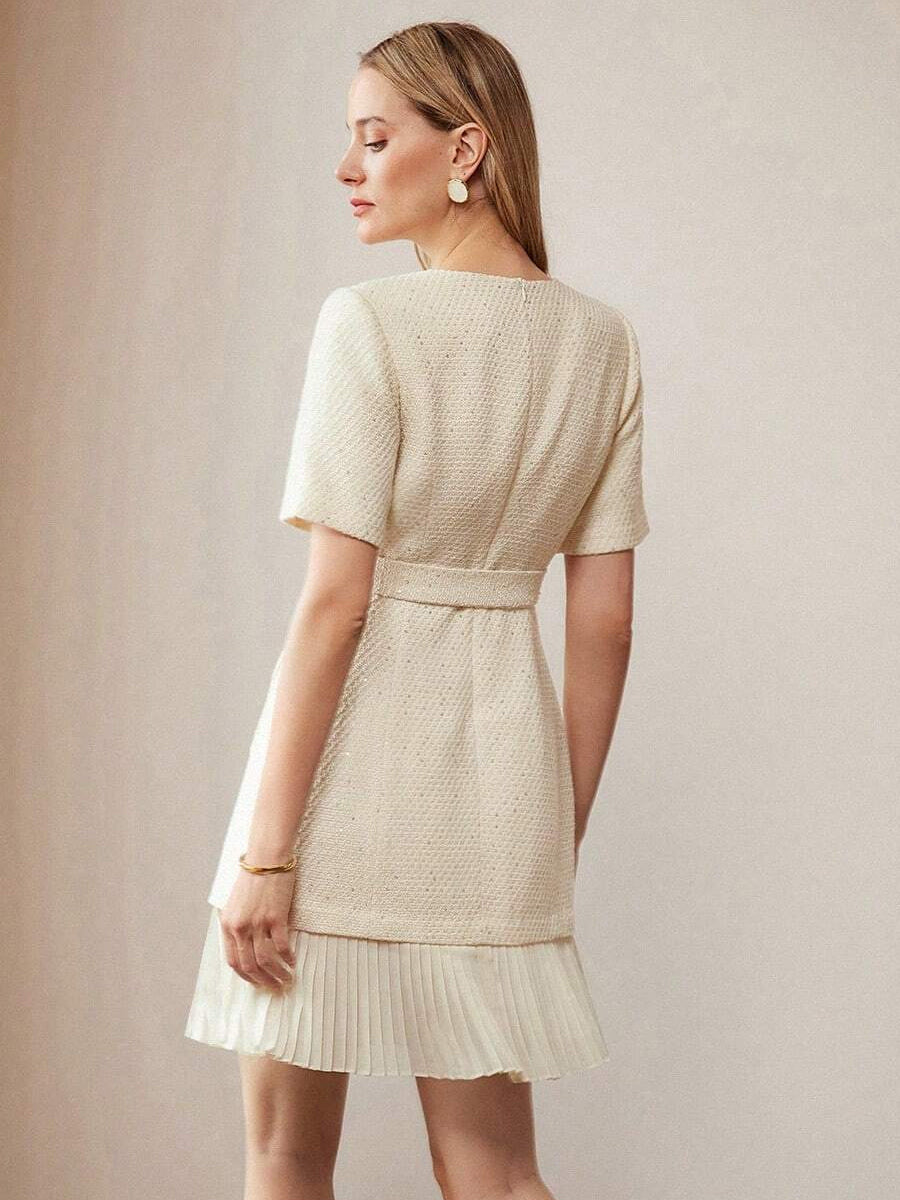 Apricot Tweed Dress With Short Sleeves And Gold Buttons For Summer 2026