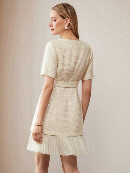 Apricot Tweed Dress With Short Sleeves And Gold Buttons For Summer 2026