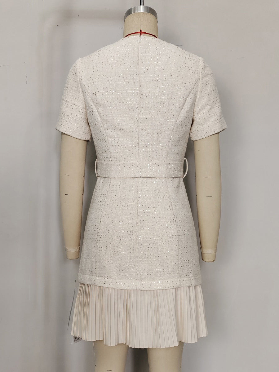Apricot Tweed Dress With Short Sleeves And Gold Buttons For Summer 2026