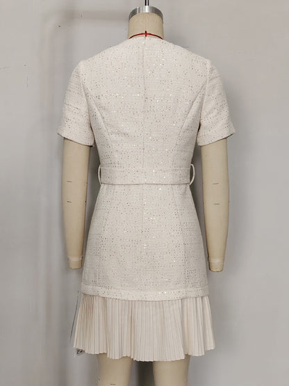 Apricot Tweed Dress With Short Sleeves And Gold Buttons For Summer 2026