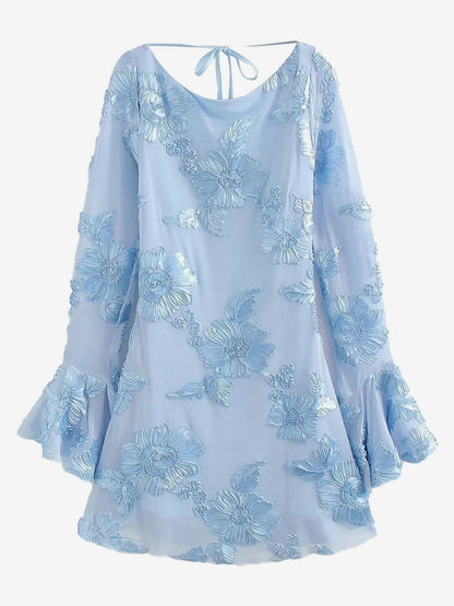 Light Blue Flower Embroidered Dress With Bell Sleeves And Open Back For Fall 2026
