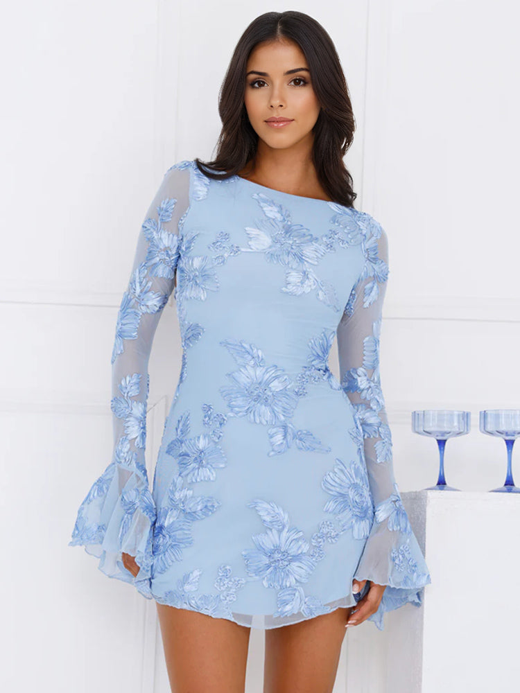 Light Blue Flower Embroidered Dress With Bell Sleeves And Open Back For Fall 2026
