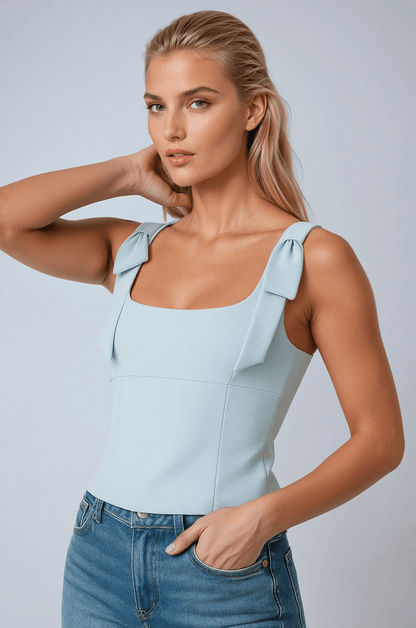Maison Structured Cami Top | Square Neck Bow Detail Slim Fit