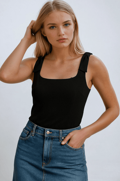 Maison Structured Cami Top | Square Neck Bow Detail Slim Fit Tank