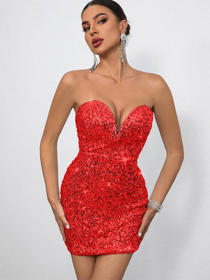 Sequin Bodycon Mini Dress With Sweetheart Neck And Bow Back For Parties 2026