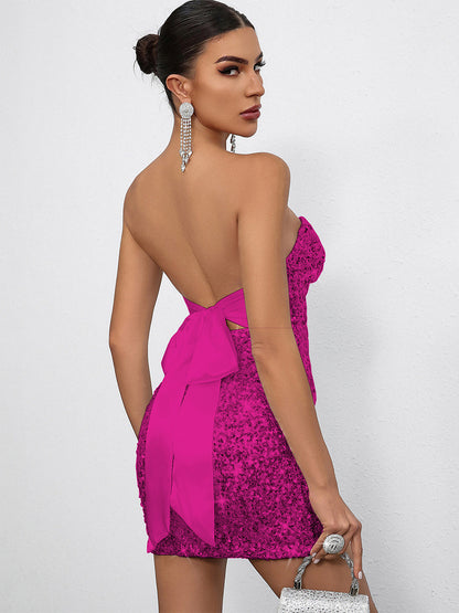 Sequin Bodycon Mini Dress With Sweetheart Neck And Bow Back For Parties 2026