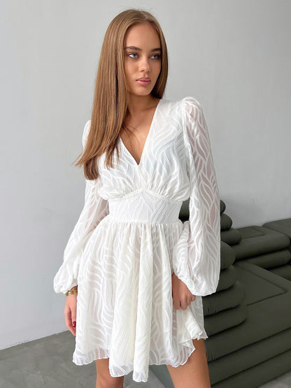 Jacquard Mini Dress With V-Neck And Long Sleeves For Summer 2026