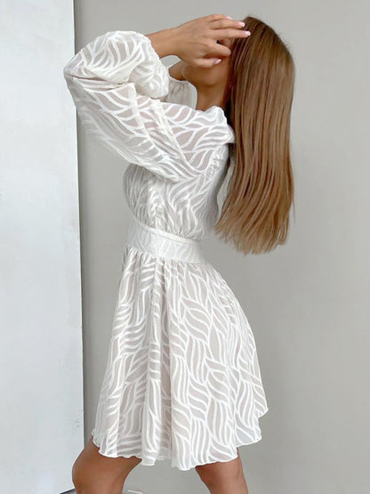 Jacquard Mini Dress With V-Neck And Long Sleeves For Summer 2026