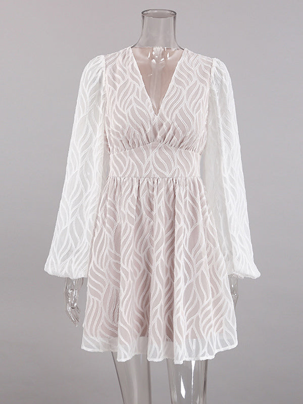 Jacquard Mini Dress With V-Neck And Long Sleeves For Summer 2026