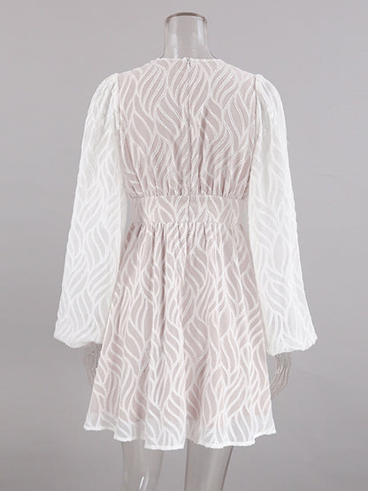 Jacquard Mini Dress With V-Neck And Long Sleeves For Summer 2026