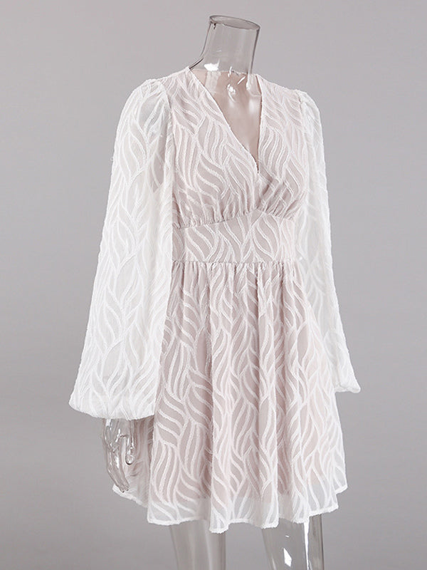 Jacquard Mini Dress With V-Neck And Long Sleeves For Summer 2026