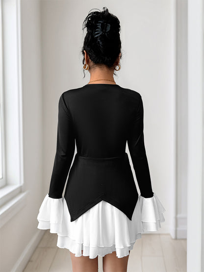 Contrasting Color Flare Sleeves Mini Dress With V-neck And Layered Skirt For Autumn 2026