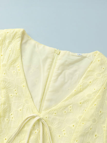 Yellow Eyelet Mini Dress With V-Neck And Puff Sleeves For Summer 2026
