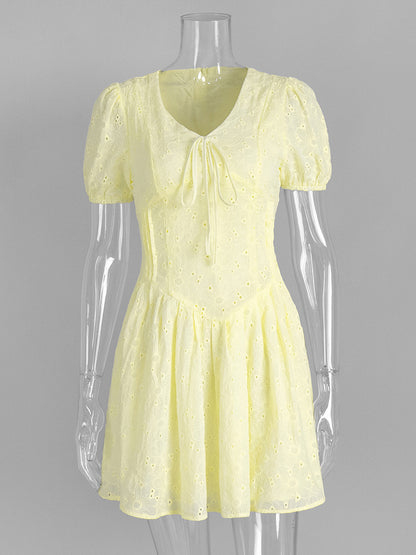 Yellow Eyelet Mini Dress With V-Neck And Puff Sleeves For Summer 2026