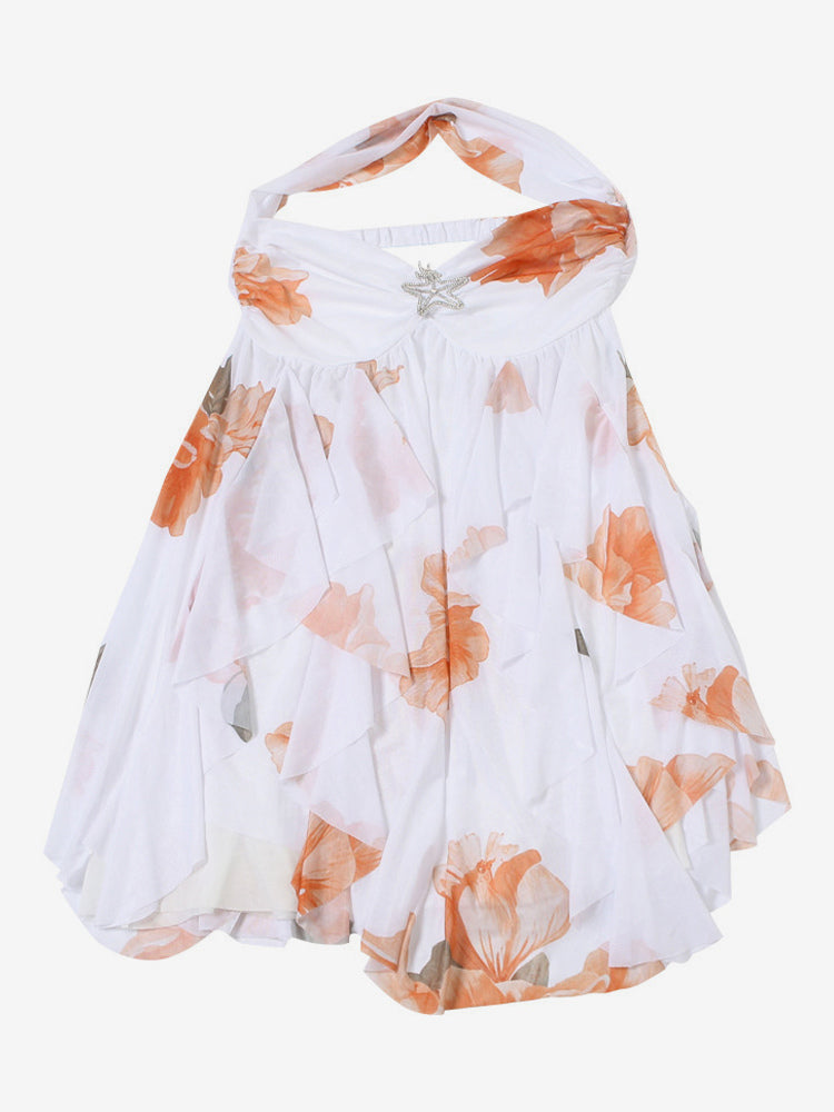 Starfish Halter Neck Mini Dress for Women - Fairycore Ruched Ruffle Hem Chiffon Flowy Party Dress - Summer Beach 2026
