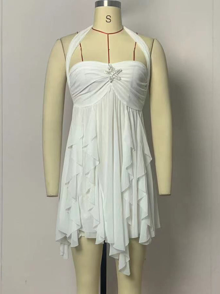 Starfish Halter Neck Mini Dress for Women - Fairycore Ruched Ruffle Hem Chiffon Flowy Party Dress - Summer Beach 2026