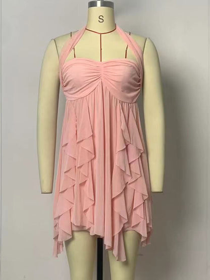 Starfish Halter Neck Mini Dress for Women - Fairycore Ruched Ruffle Hem Chiffon Flowy Party Dress - Summer Beach 2026