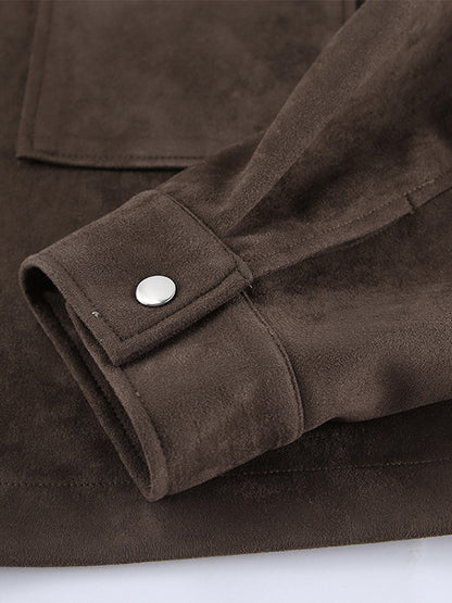 Brown Suede Cropped Zip-up Jacket With Pockets For Women 2026