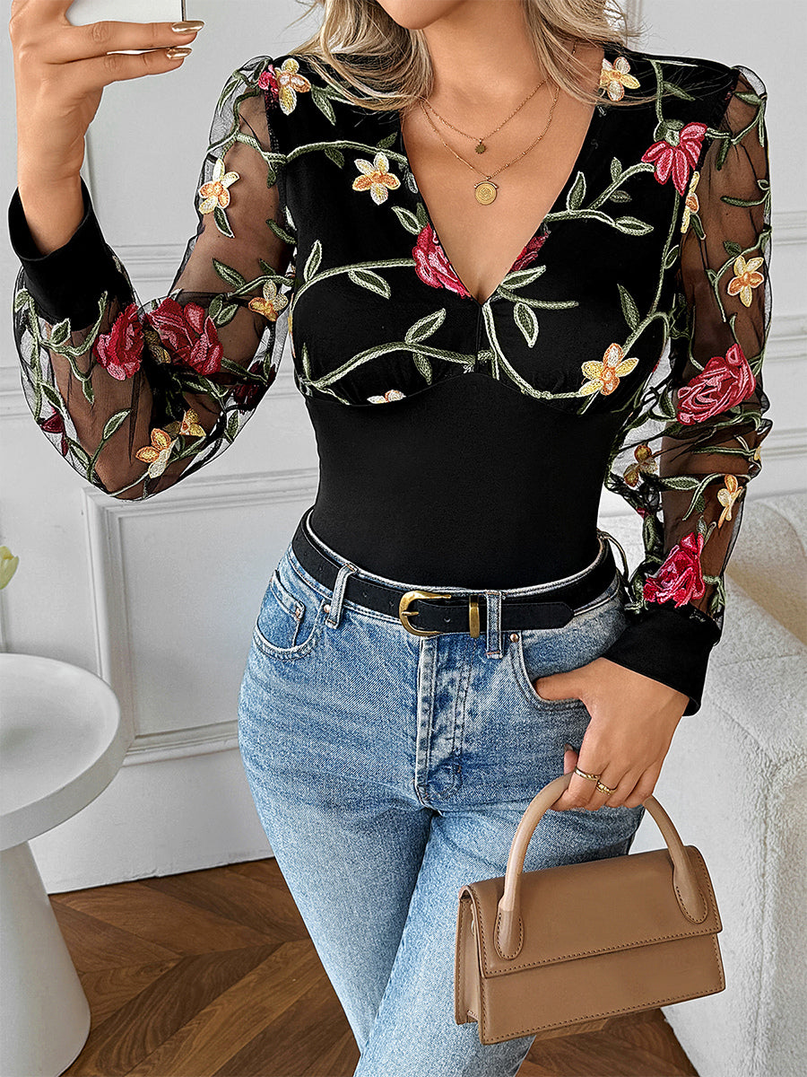 Floral Embroidered V-Neck Long Sleeves Blouse For Women 2026