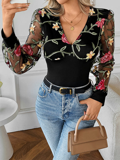 Floral Embroidered V-Neck Long Sleeves Blouse For Women 2026