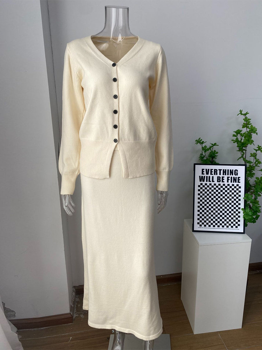 V-Neck Cardigan And Long Skirt Knit 2-Piece Co-ord Set For Women 2026