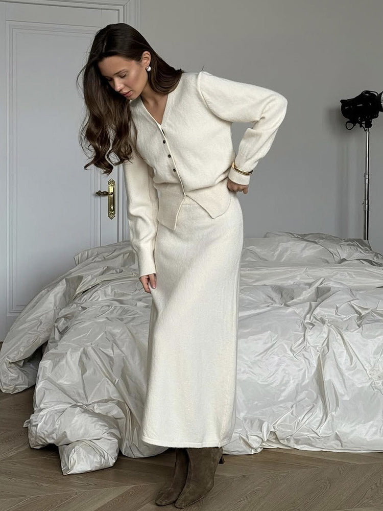 V-Neck Cardigan And Long Skirt Knit 2-Piece Co-ord Set For Women 2026