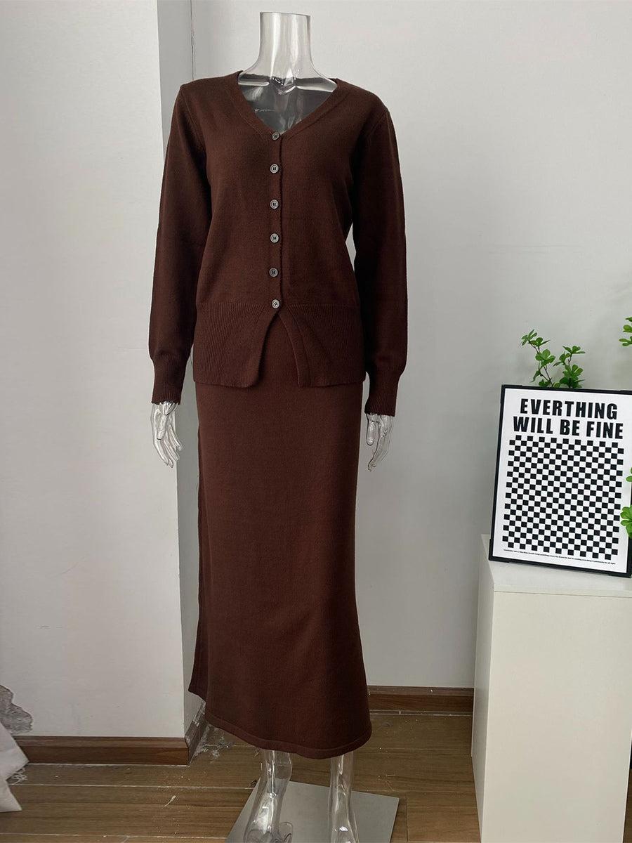 V-Neck Cardigan And Long Skirt Knit 2-Piece Co-ord Set For Women 2026