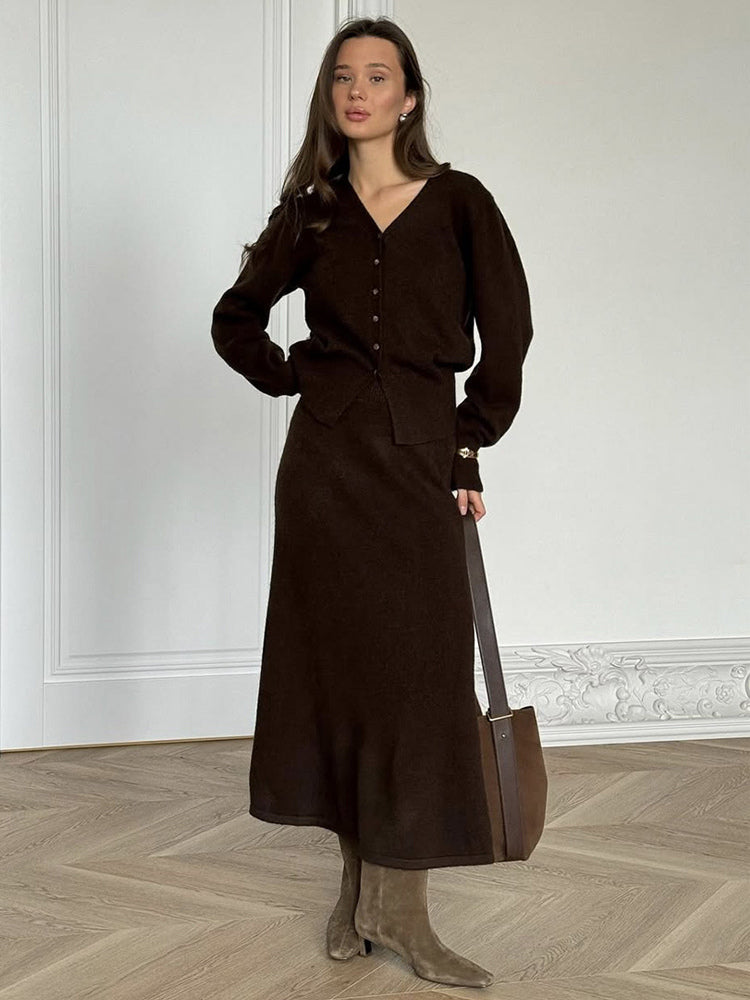 V-Neck Cardigan And Long Skirt Knit 2-Piece Co-ord Set For Women 2026