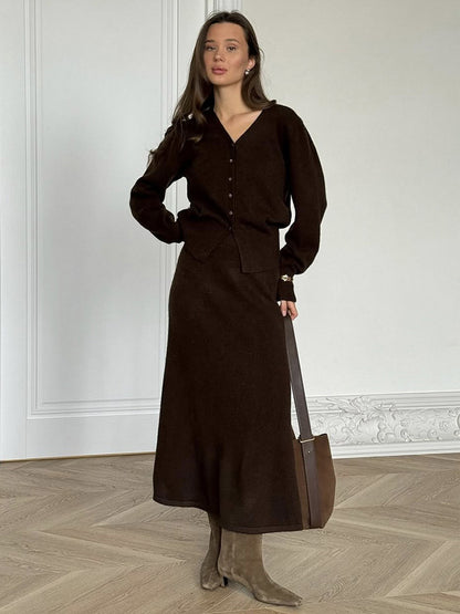 V-Neck Cardigan And Long Skirt Knit 2-Piece Co-ord Set For Women 2026