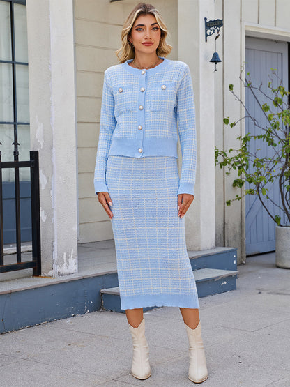Plaid Cardigan And Pencil Midi Skirt Knit Co-ord Set For Women 2026