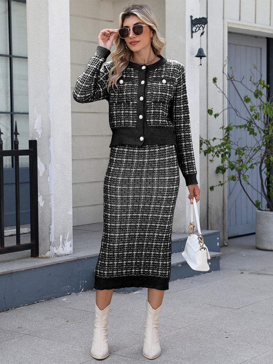 Plaid Cardigan And Pencil Midi Skirt Knit Co-ord Set For Women 2026