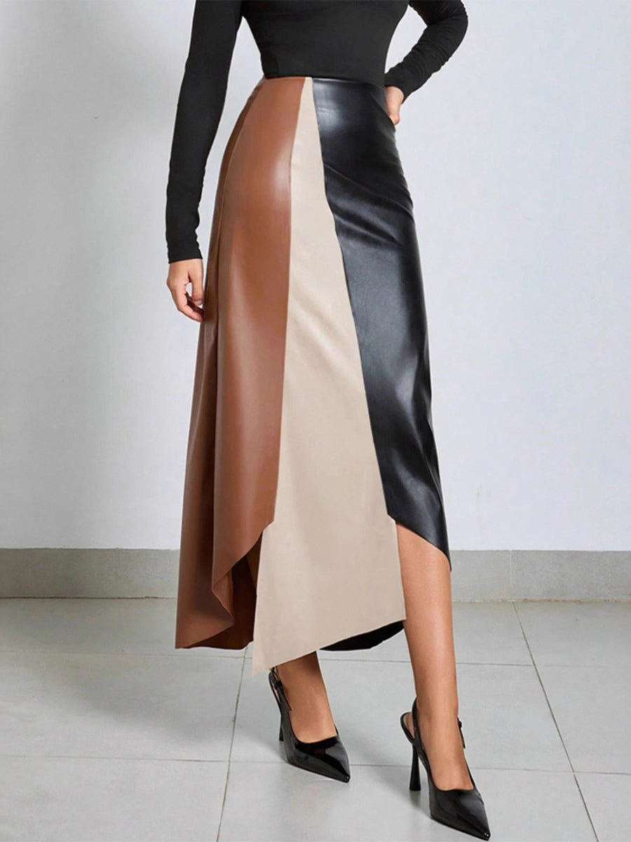 Faux Leather Skirt With High-Waist And Asymmetric Slit For Women 2026